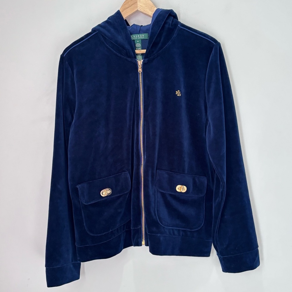 Lauren Ralph Lauren Velvet Ful Zip Jacket Women's Size Medium Blue Gold *K10